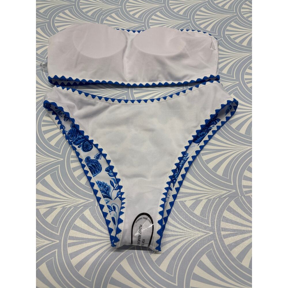 New Blue floral leaves high waisted women bikini two pieces swimsuit & skirt M - Picture 8 of 9